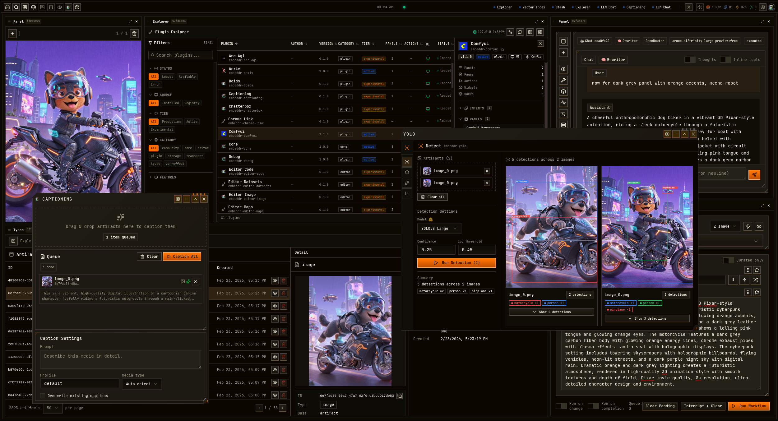Multi-panel workspace with metadata and provenance